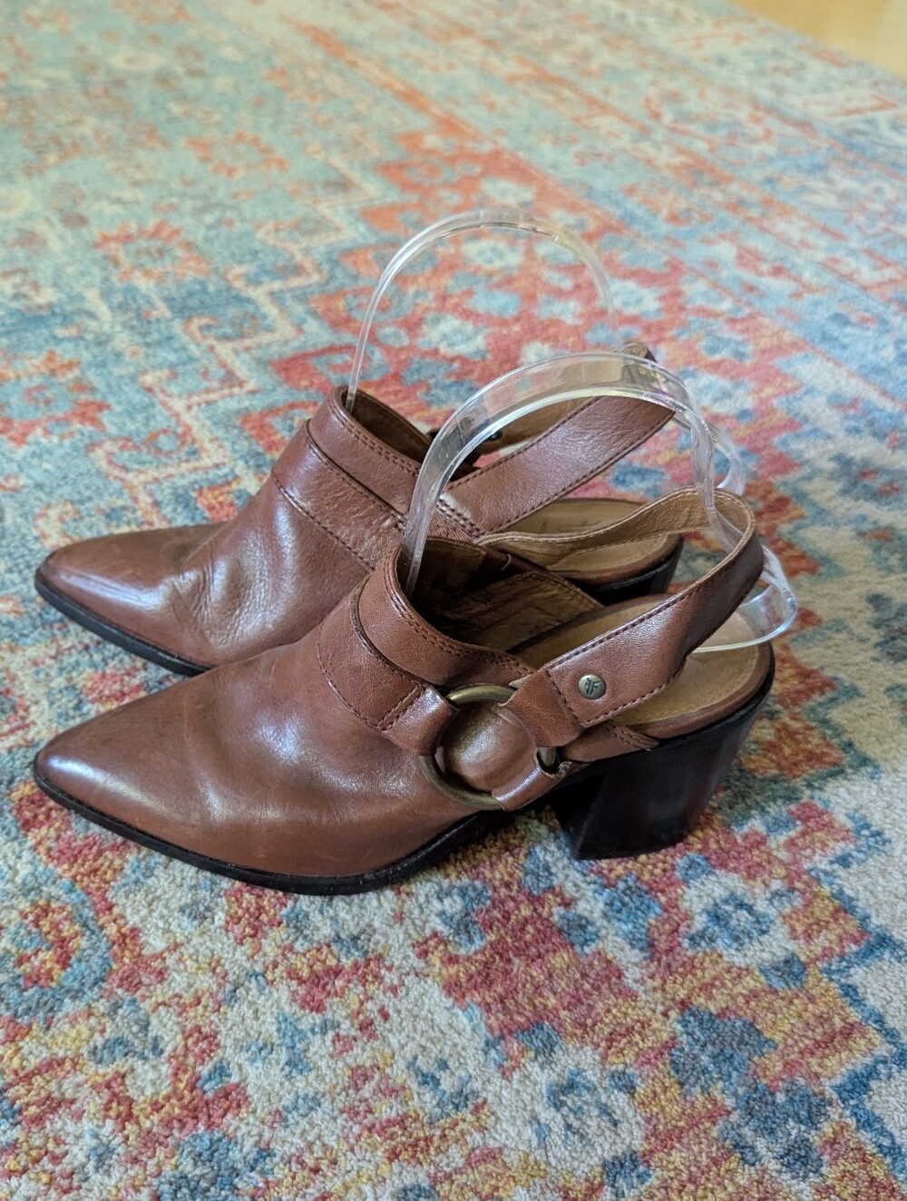Frye Women's 7M Flynn Harness Block Heel Brown Leather Mule Slingback Shoes